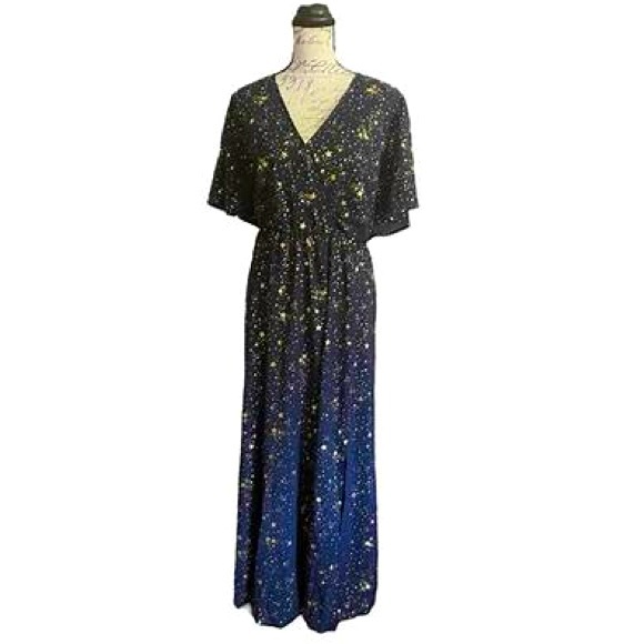Bloomchic Navy and Gold Stars Flutter Sleeve Maxi Dress w Pockets Size 30 NWT - Picture 6 of 12